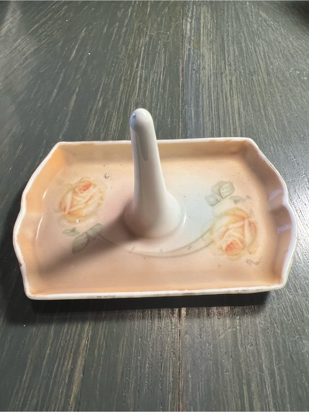 Porcelain Ring Holder Tray with Peach Rose Design